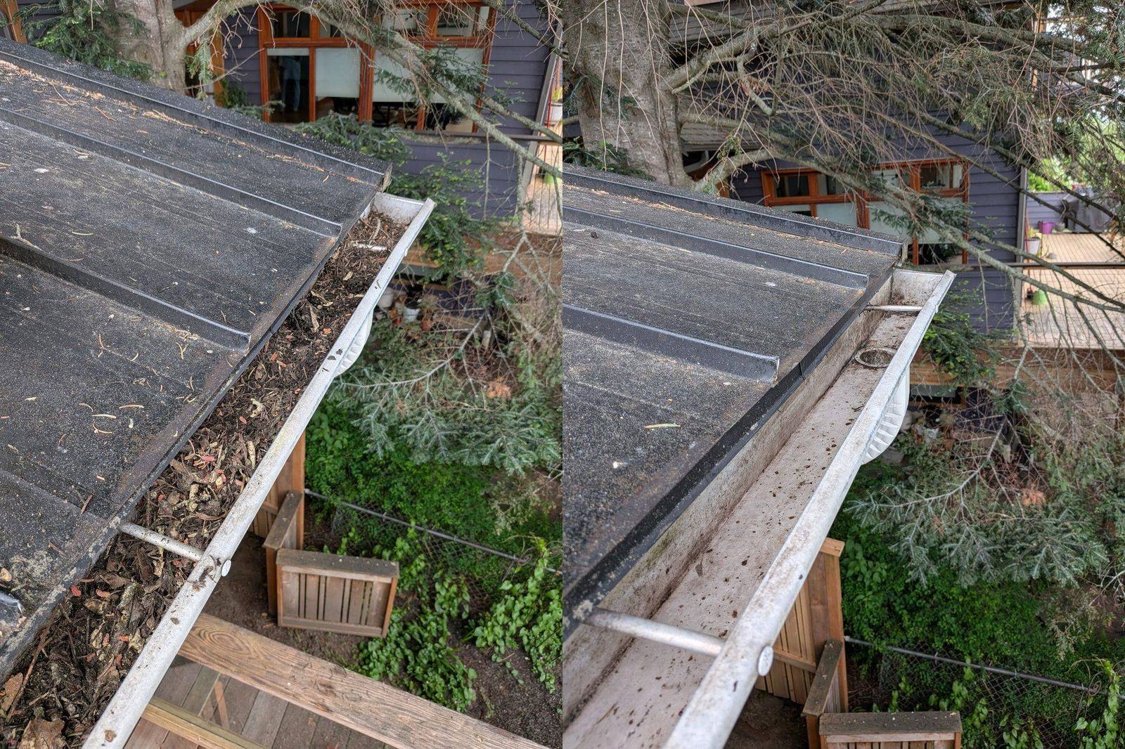 Side-by-side before and after photo of a gutter cleaning job: debris-packed gutter on the left, fully cleared gutter on the right