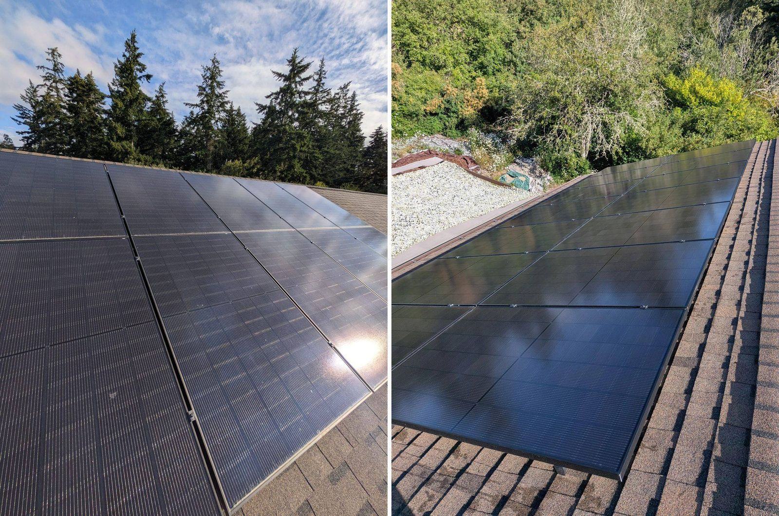 Side-by-side before and after photo of a solar panel cleaning job: dusty, streaked panels on the left, clean panels reflecting the sky on the right