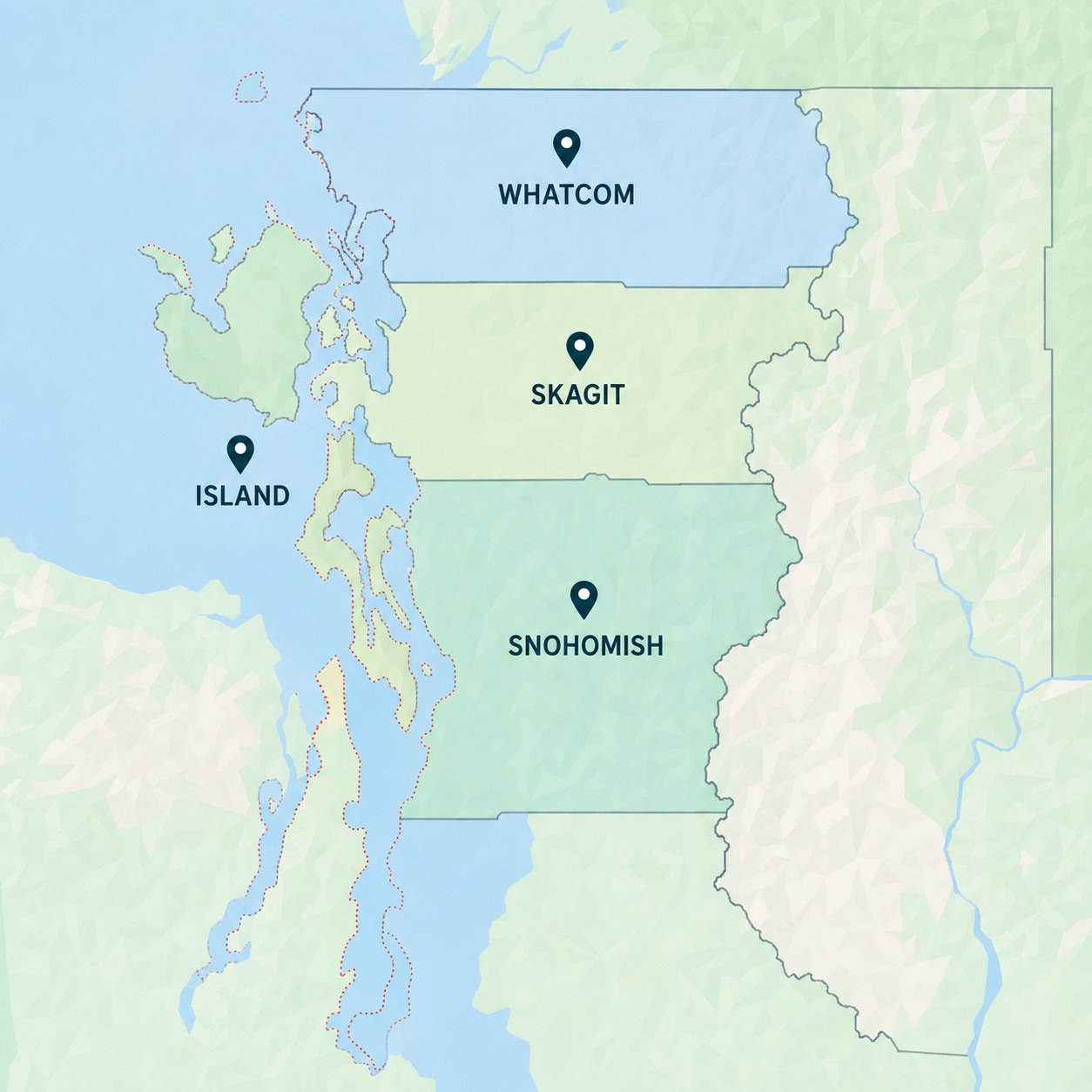 Illustrated map of northwest Washington state, zoomed to Skagit, Whatcom, Island, and Snohomish counties, each shown in a different color and marked with a pin — Puget Panes Window Cleaning's service area